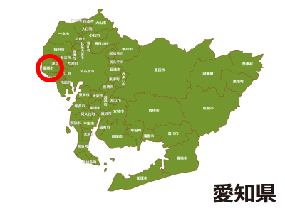 弥富市の位置が示された愛知県地図